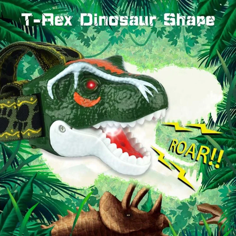 Налобный фонарь с динозавром T-Rex, игрушечный динозавр, светодиодный налобный фонарь для детей, 3 режима яркого освещения, динозавр, ревущий звук, налобный фонарь для палатки