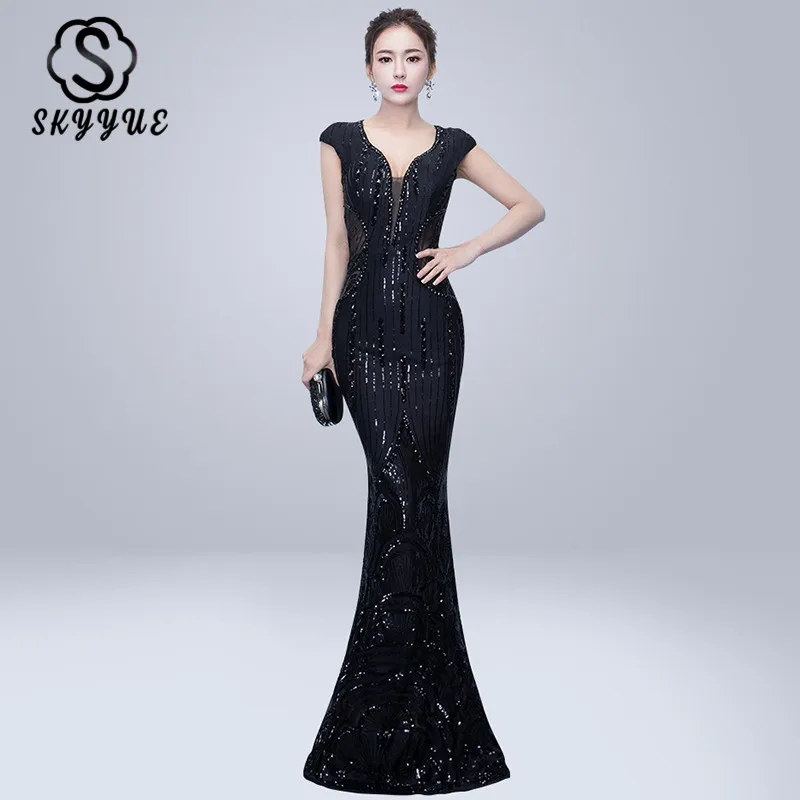 

Skyyue 2019 Sleeveless Sequin Formal Gowns Women Party Dresses Sexy Deep V-neck Floor Length Evening Dress Robe De Soiree C206