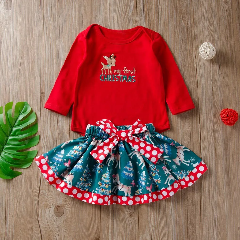Мой первый Рождественский Комбинезон для маленьких девочек с рисунком оленя и надписью+ юбка с бантом Рождественский комплект одежды conjunto infantil menino#3