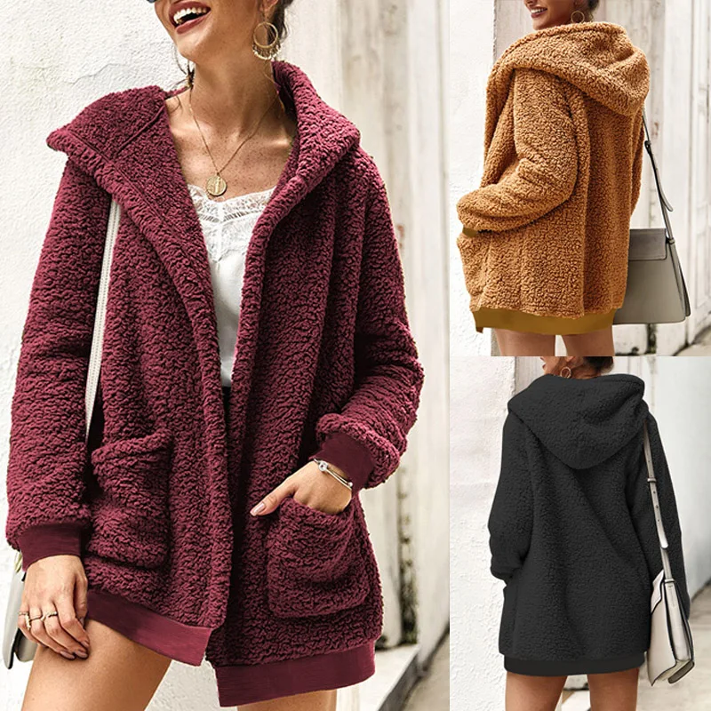 

2019 Fashion Fleece Jackets Outwear Women Winter Long Sleeve Pockets Coats Trenchcoat Casual Loose Overcoats Solid Sweatshirt