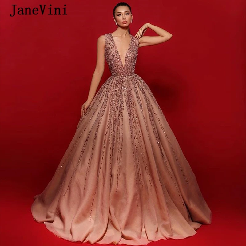 

JaneVini Sexy V Neck Sleeveless Long Evening Dresses Luxury Heavy Beading Crystal A Line Floor Length Organza Women Dinner Gown