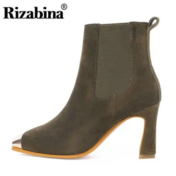 

RIZABINA 2020 New Office Ladies Ankle Boots For Women Real Leather Zipper High Heels Shoes Square Toe Shoes Women Size 34-43