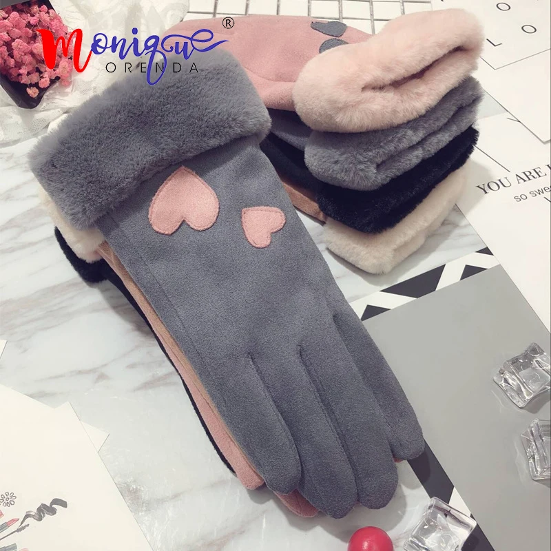 

Cute elegant winter gloves female winter warm thick student touch screen suede love gloves