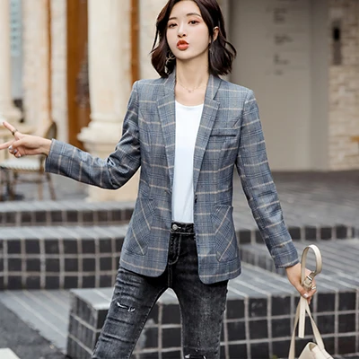 Apricot Plaid Blazer Осенне-зимний Блейзер модная клетчатая куртка с длинными рукавами Высококачественная женская верхняя одежда, пальто S-4XL - Цвет: Apricot Plaid Blazer