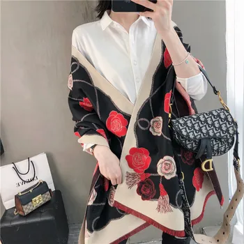 

A New Type of Women's Scarf with Cashmere-like Thick Camellia Flower Style in2019,European Street Fashion Atmospheric Rose Scarf