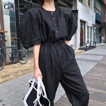 

GALCAUR Casual Jumpsuit Women Puff Sleeve O-neck High Waist With Drawstring Black Female Jumpsuits 2020 Summer Tide New Style