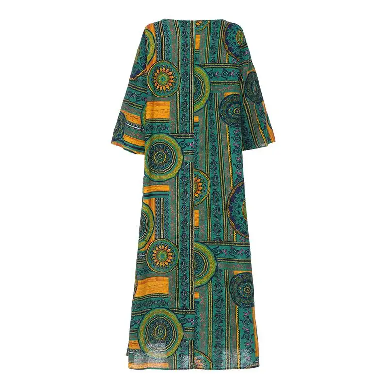 Летнее платье, женское, Ретро стиль, с принтом, длинное, макси, Vestidos, Kaftan Robe Femme, повседневное, свободное, с рукавом 3/4, вечерние платья размера плюс