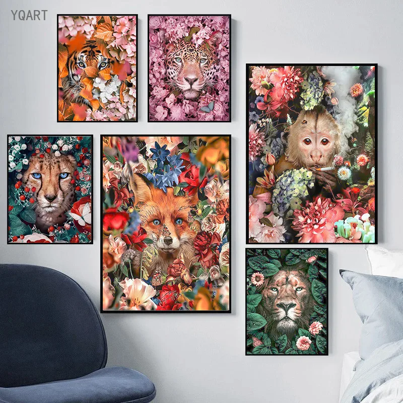

YQART Lions Surrounded By Flowers Oil Painting on Canvas Colorful Animals Posters and Prints Picture for Modern Home Decoration