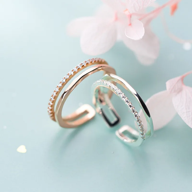 50-57mm Double Layer 925 Sterling Silver Rings Women Beautiful Wedding Women Ring Adjustable Fine Jewerly Open