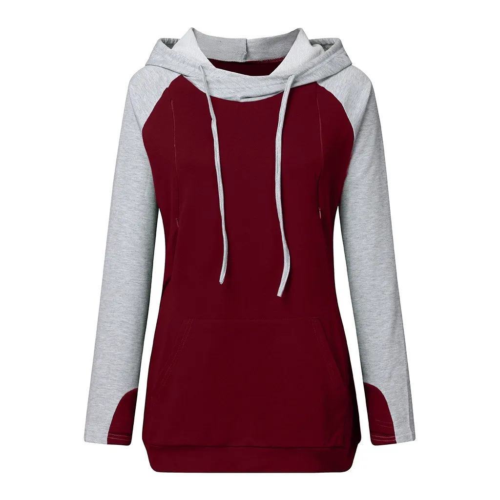 Women's Nursing Maternity Sweatshirt Pregnant Winter Nusring Maternity Long Sleeve Splicing Tops Pregnant Pullover Hooded
