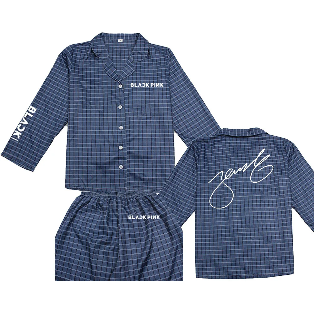 

kpop Blackpink korean Home service pajamas Two-piece set casual sleepwear Women/Men autumn new fashion plaid Long Sleeve pajamas