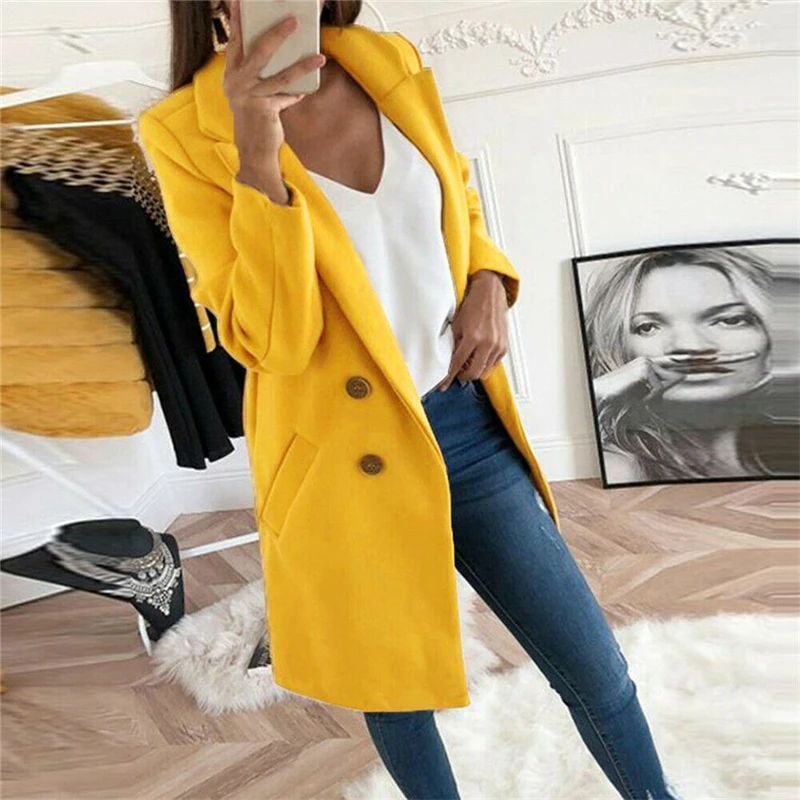 Autumn Fashion Office Lady Solid Color Long Style Blazer Long Sleeve Suit Jacket And Coat New Chic Clothes - Цвет: Цвет: желтый