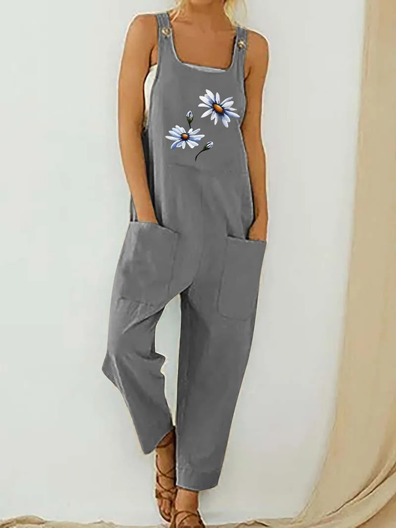 Womens Dungarees Print Rompers 2021 Summer New Ladies Casual Loose Linen Cotton Jumpsuit Sleeveless Pocket Overalls Playsuit