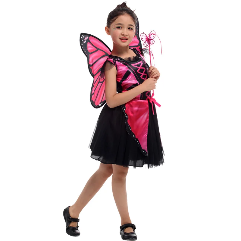 Костюмы Феи с бабочками на Хэллоуин для девочек; Детский костюм принцессы эльфа с бабочкой; цвет розовый, синий; платье для костюмированной вечеринки; вечерние платья с крыльями; DN4277