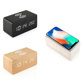 

Wooden Alarm Clock With Qi Wireless Charging Pad Compatible With For Iphone Samsung Wood Led Digital Clock Sound Control Functio