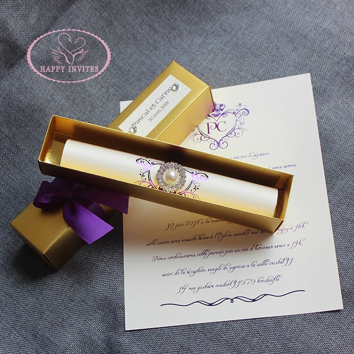 HI2052-51 Golden Scroll Invitation Card with Rhinestone Brooch