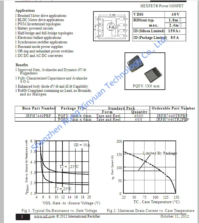 HEXFET®Мощность MOSFET-N 40V 85A 2,4 МОМ IRFH7440TRPBF IR7440 IRFH7440 H7440 PQFN5x6-8