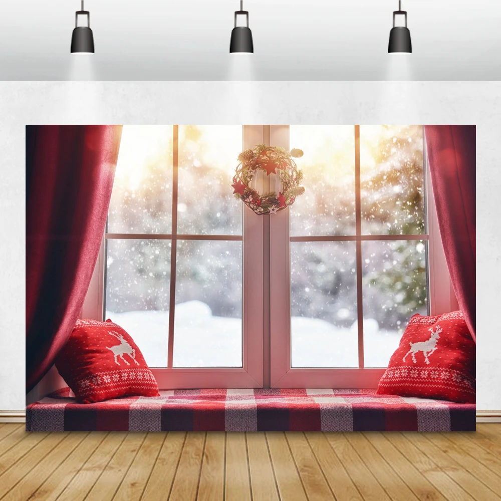 Laeacco Christmas Photography Backdrops Window Scenery Curtain Pillow Wreath Snow Winter Photographic Backgrounds for Photo Studio