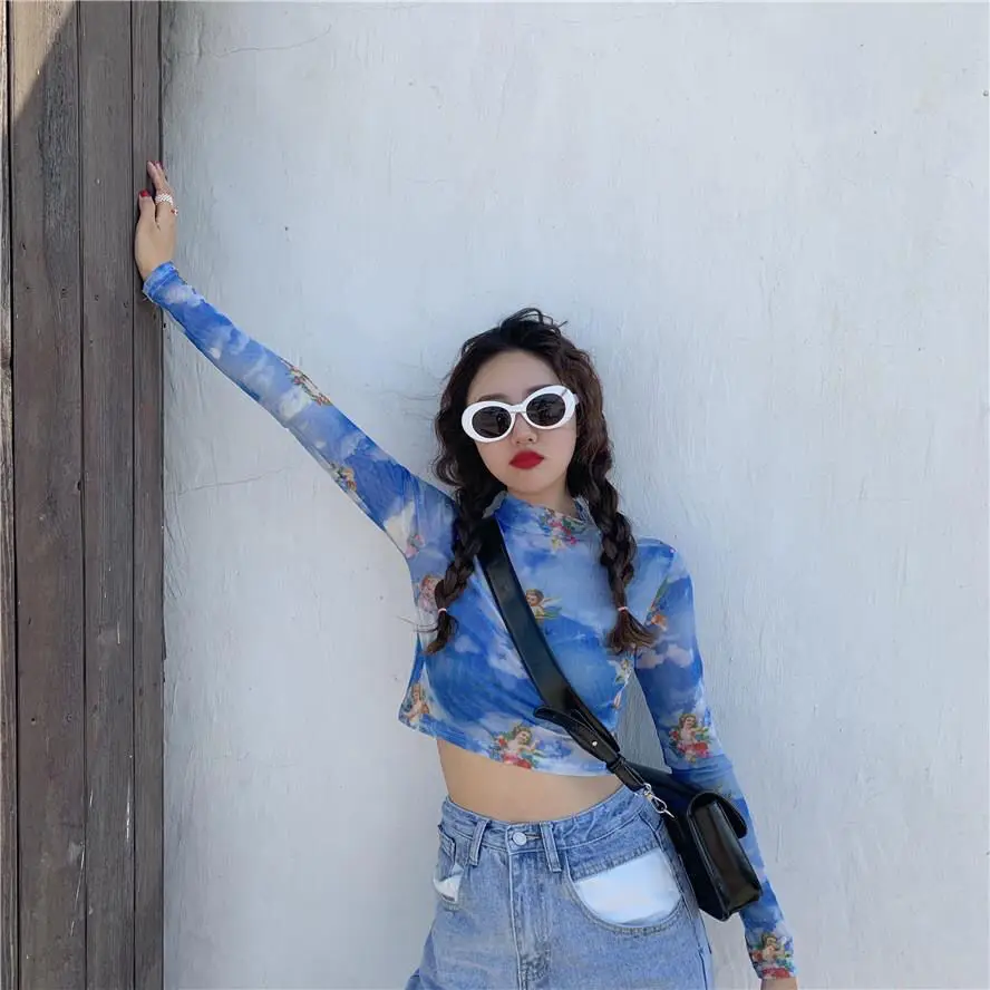 Floral Print Sheer Blue Black Mesh Long Sleeve Blouse Shirts Women Spring Summer Pullovers Elegant Sexy See Through Tops 5