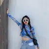 Floral Print Sheer Blue Black Mesh Long Sleeve Blouse Shirts Women Spring Summer Pullovers Elegant Sexy See Through Tops 5
