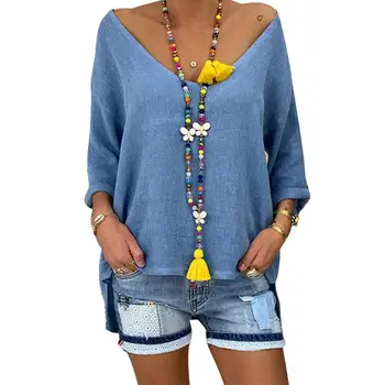 

Plus Size Wide Shoulder Spring Solid Color Casual Women V Neck 3/4 Sleeve Long Loose T-Shirt Top