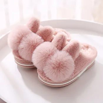 

Children Winter Home Slippers Shoes With Bow Kids Baby Girls Indoor Slippers Boys Cotton Plush Velvet Warming Shoes Non-slip