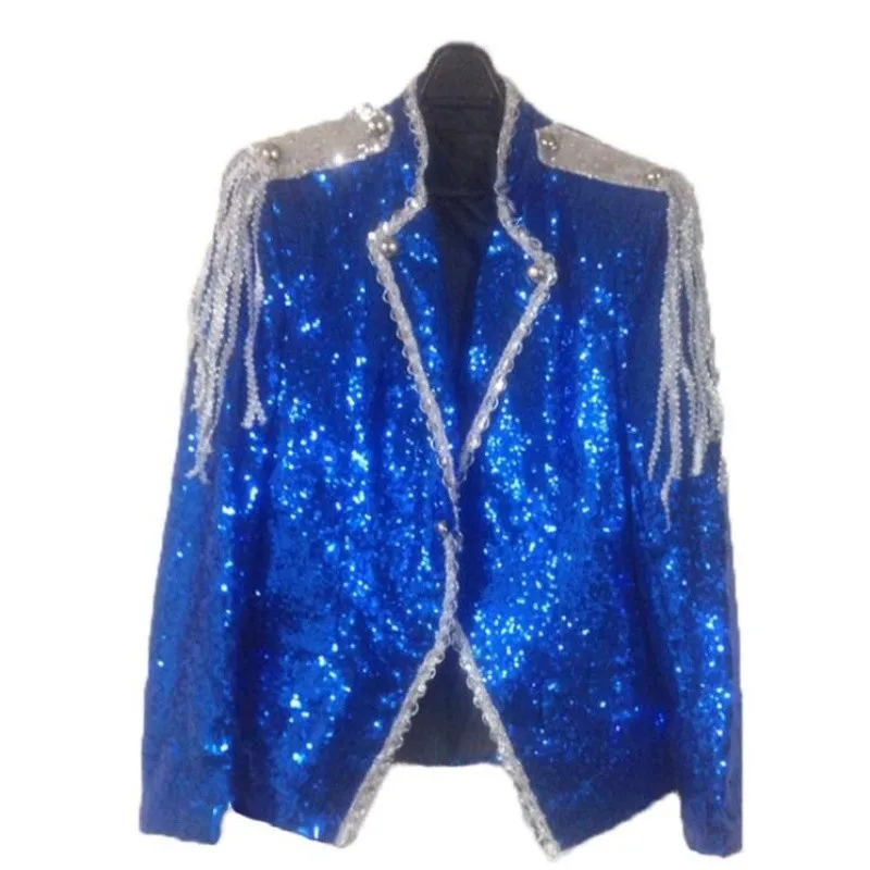 

Hot 2021 New Fashion Navy Blue Paillette Formal Dress Costume Men Sequined Suit Ktv Stage Nightclub Clothes Host Blazer Jackets