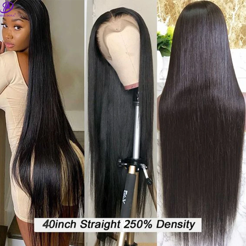 Pelucas largas y rectas para mujeres negras, cabello humano virgen Remy brasileño con encaje frontal 13x4 de 34, 36, 38 y 40 pulgadas, 250 de densidad