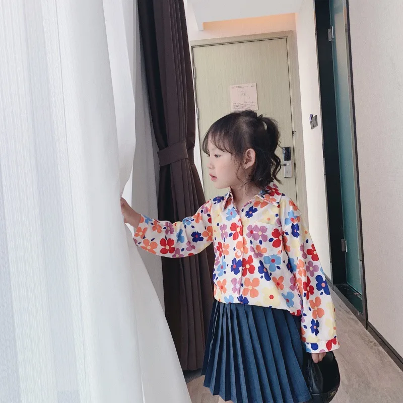 Cong Little Sister/ г. Осенняя одежда новая стильная рубашка с цветочным рисунком для девочек детская блузка с длинными рукавами Weep Yafeng/осенняя одежда в Корейском стиле