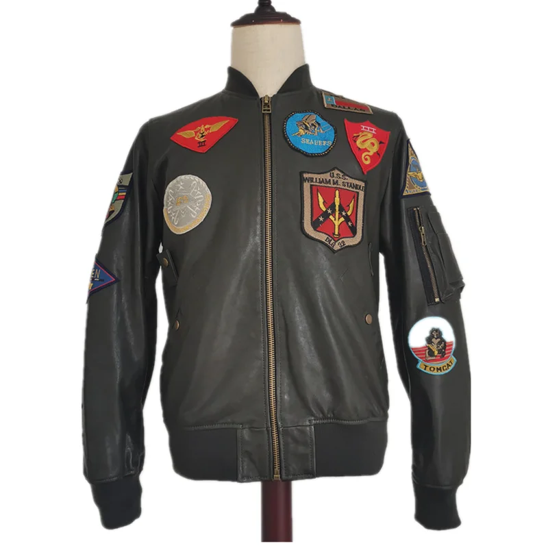 Зеленая Мужская кожаная куртка американского пилота размера плюс 6XL из натуральной овчины, осенняя приталенная куртка в стиле милитари, кожаная куртка авиатора