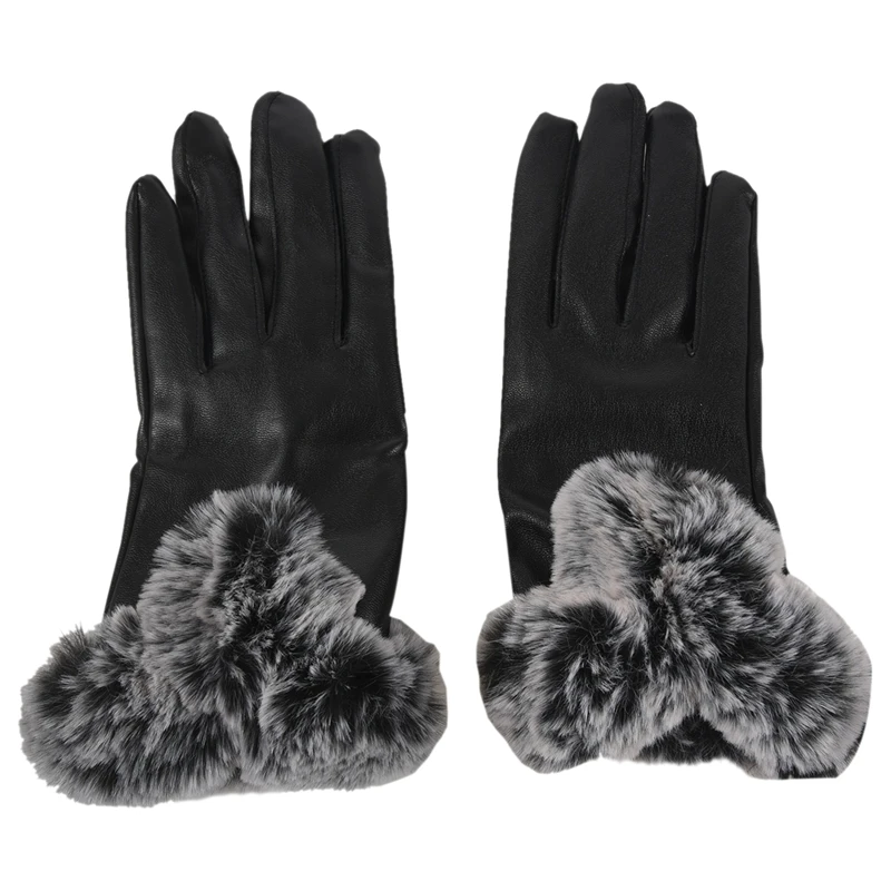 Women Autumn Winter Warm Leather Gloves Rabbit Fur Touch Screen Gloves Evening - Color: Black
