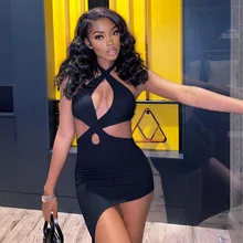

2022 Autumn New Women's Hanging Neck Cross Halter Solid Color Sexy Hollow Hedging Dress Party Club Street Wear Short Prom Dress