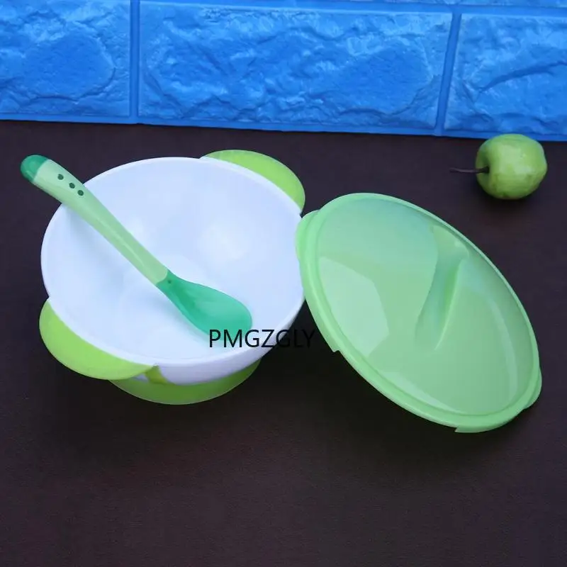 Feeding dishes Kids Lid Bowl 2 Pcs Spoon Cartoon Color Sucker Bowl Fork Set Toddler Baby Training Eating Safe PP Spoon Prop