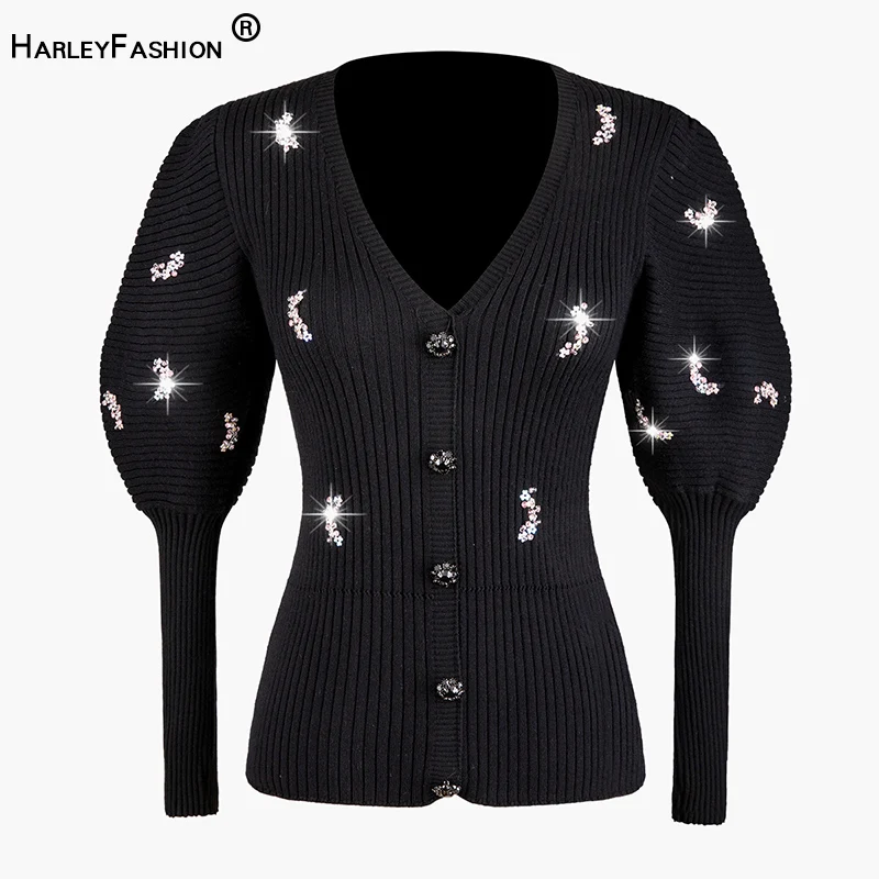 HarleyFashion Women Spring Fitness Casual Knitting Black Sweater Sexy V-neck Lanter Sleeve Beading Appliques Quality Sweaters