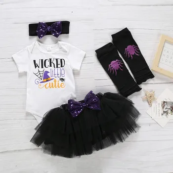 

Newborn Baby Girl Clothes Halloween Print Romper Short Sleeve Tops +Solid Tutu Skirt+ Hairband+ Sock Set Kids Outfits bebes