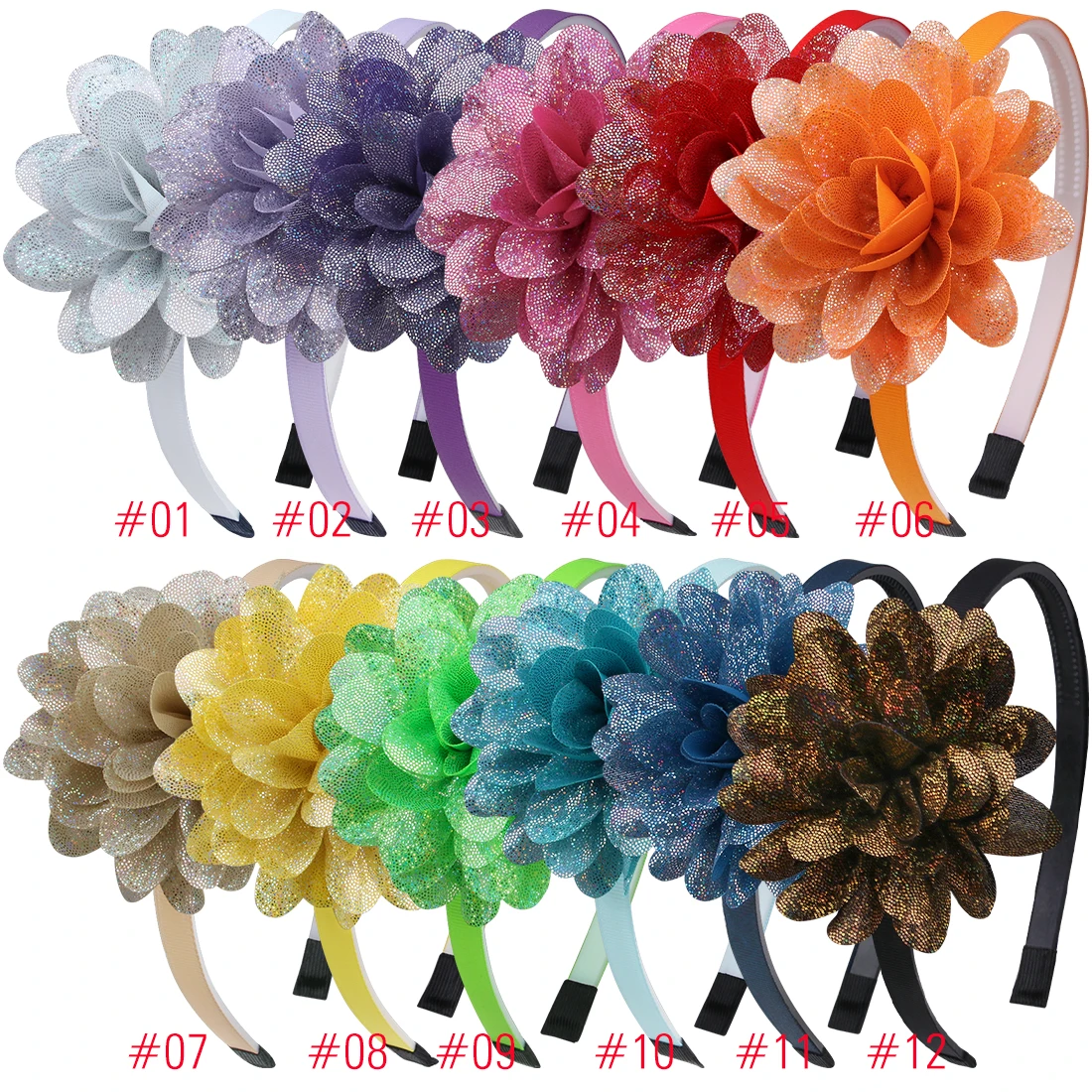XIMA 12 шт./лот Детские аксессуары для волос 3''Laser Hair Flower Hairband Принцесса Вечерние обручи для волос девушки держатели головных уборов