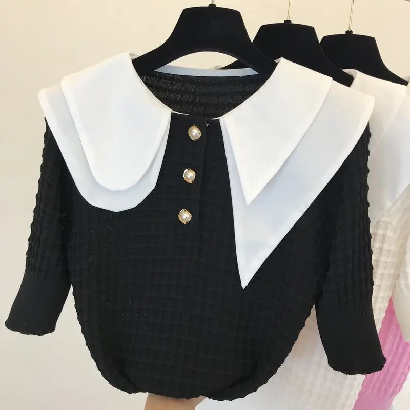 

Sweet Doll Collar Pearl Buckle Knitted Top Female 2020 Summer Large Lapel Court Style Short Sleeve Shirt Tops Ladies Jumper