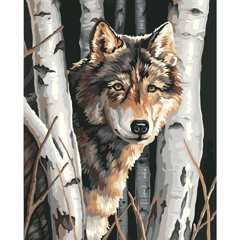 

Painting By Numbers DIY Dropshipping 40x50 50x65cm White birch Wolf forest Animal Canvas Wedding Decoration Art picture Gift
