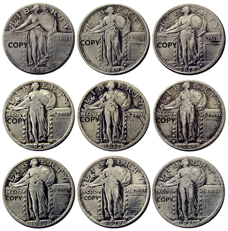 US A set of(1916-1924)P/S 9 шт стоящая свобода четверть Посеребренная КОПИЯ монета | Дом и сад