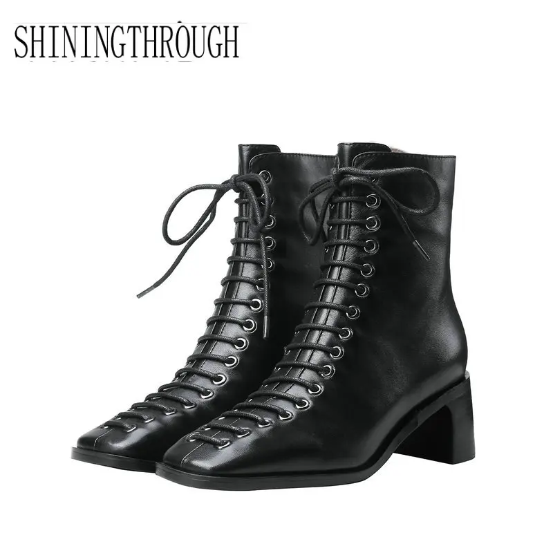 

2019 New Style Genuine Leather Ankle Boots Square Toe Thick High Heel Chelsea Boots Calf Leather Boots Women Shoes woman