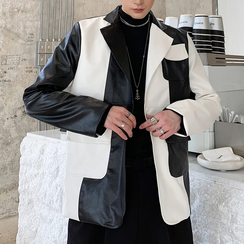 Черная белая свободная повседневная кожаная куртка костюм пальто Мужская