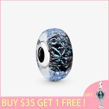 

2020 Summer New S925 Sterling Silver Beads Wavy Dark Blue Murano Glass Ocean Charms fit Original Pan's Bracelets DIY Jewelry