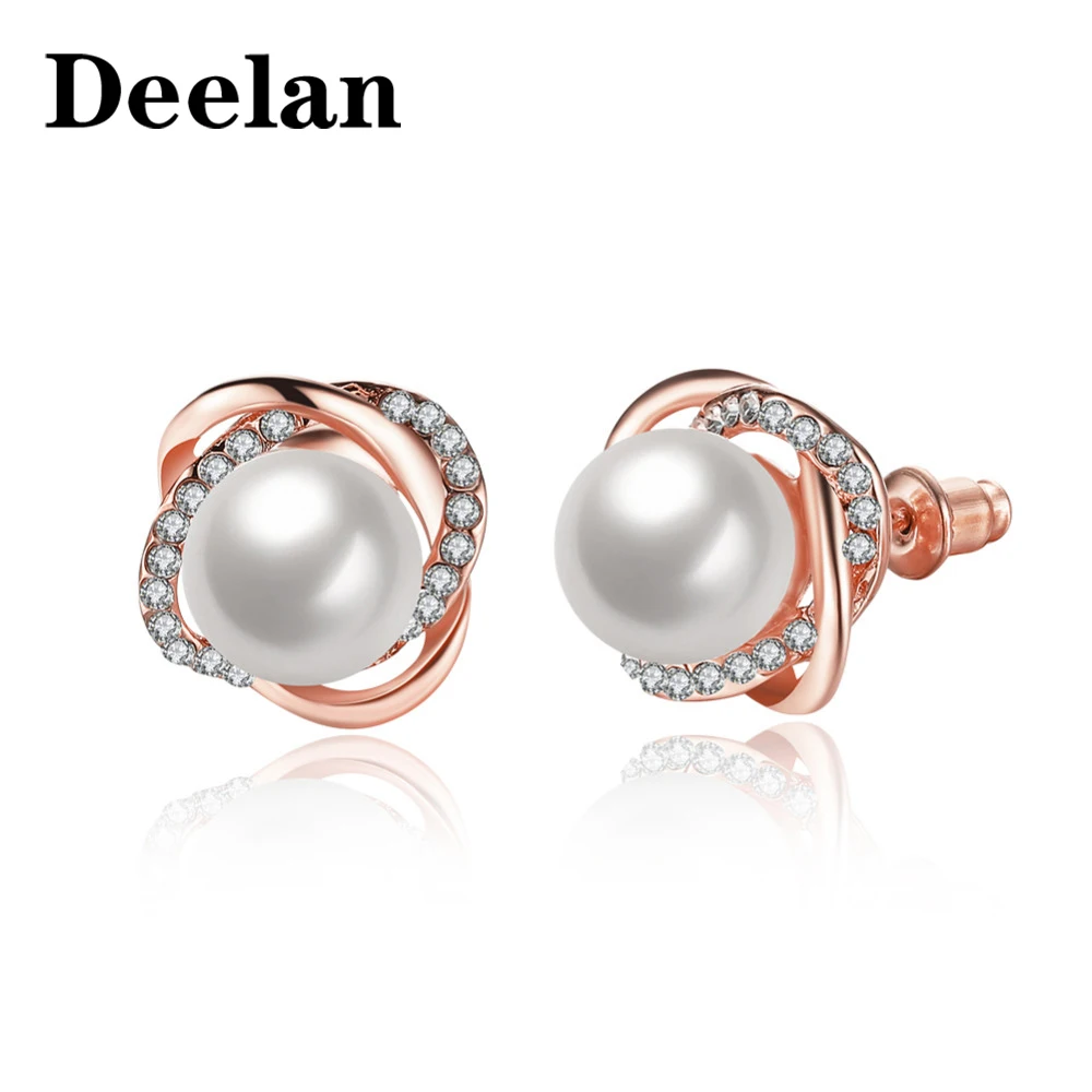 DEELAN серьги для женщин Элегантный Искусственный жемчуг узел шпильки ювелирные изделия для девочек розовое золото цвет серьги с кристаллом очарование ювелирные изделия