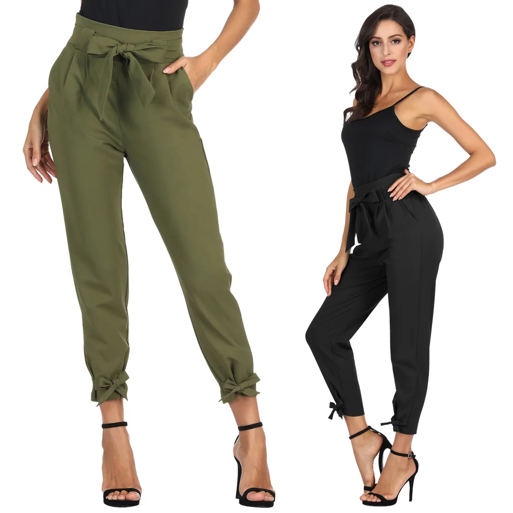 Для женщин Сплошной Цвет повседневные штаны Высокая Талия Slim Fit Обрезанные пояс карандаш брюки