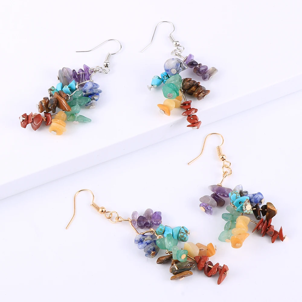 Women Natural Stone 7 Chakras Dangled Earring Asymmetr Chip Gravel Pierced Earrings Hoop Gold Silver Color Hanging Jewelry