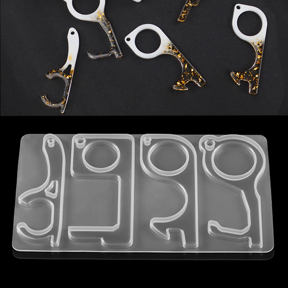 

4styles Keyring Keychain Epoxy Resin Molds Key Ring Resin Epoxy Casting Mold Silicone DIY non-contact Press Elevator Door Opener