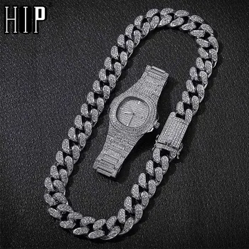 

Hip Hop Necklace +Bracelet +Watch 1 Set Miami Cuban Chain Iced Out Paved Rhinestones CZ Bling Rapper Necklaces For Men Jewelry