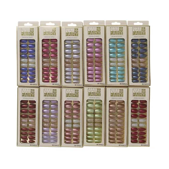 

30pcs Metallic Mirrored Almond rTendy Fake Nails Glitter Powder Decoration Design Glue Type Wearable Detachable Nail Art Beauty