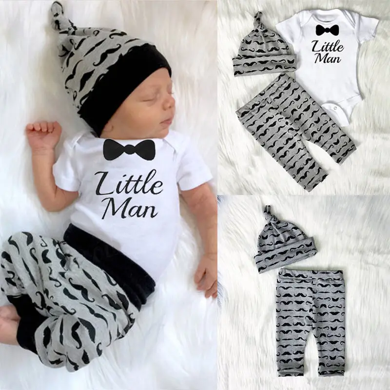 Infant Baby Girls Boys Letter Print Romper Jumpsuit+Pants+Headbands Outfits Set
