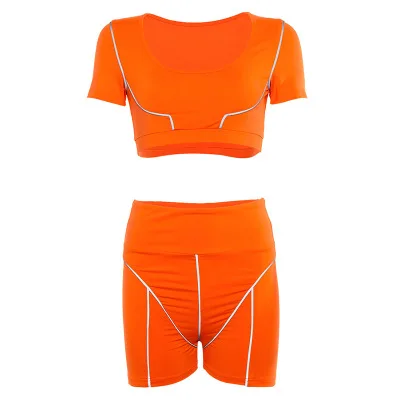 

Casual Neon Color Women Two Piece Sets Fashion Reflective Active Wear Tracksuit Crop Top And Shorts Matching Set Sporty